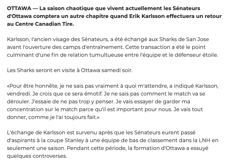 Erik Karlsson...son HISTOIRE RACONTÉE....