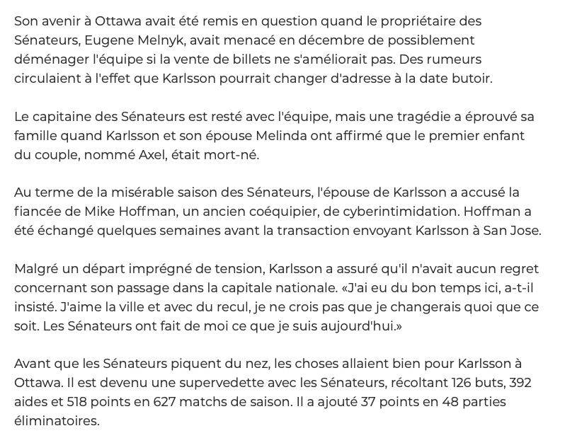 Erik Karlsson...son HISTOIRE RACONTÉE....