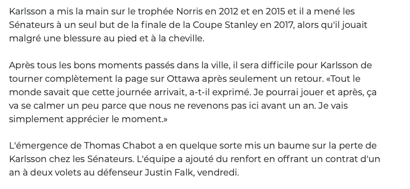 Erik Karlsson...son HISTOIRE RACONTÉE....