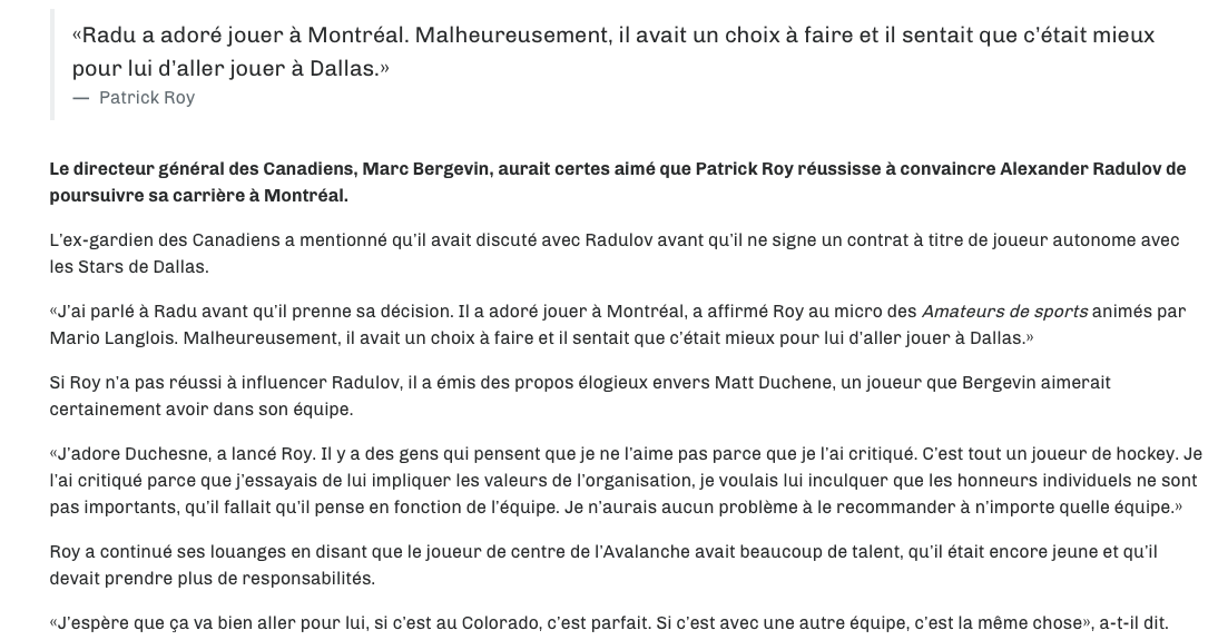 Est-ce Patrick Roy qui a convaincu Alex Radulov de ne pas rester à Montréal..