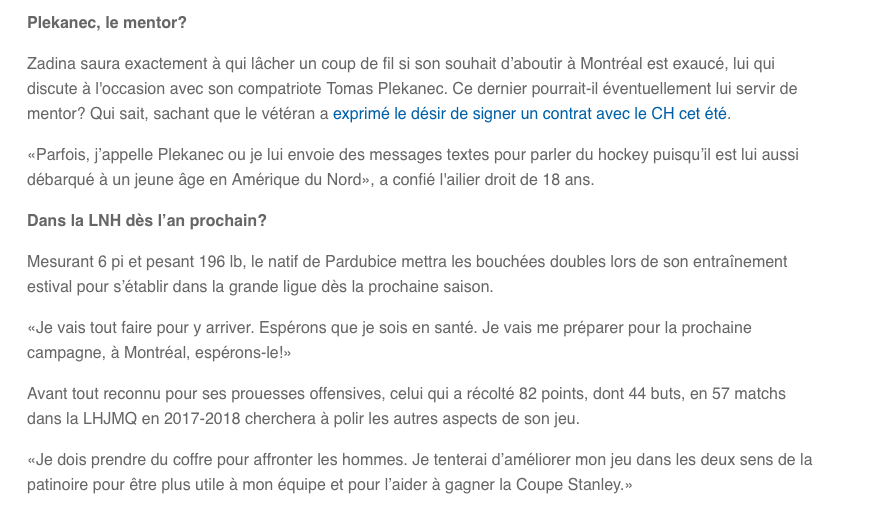 Filip Zadina sait qu'il s'en vient à Montréal..