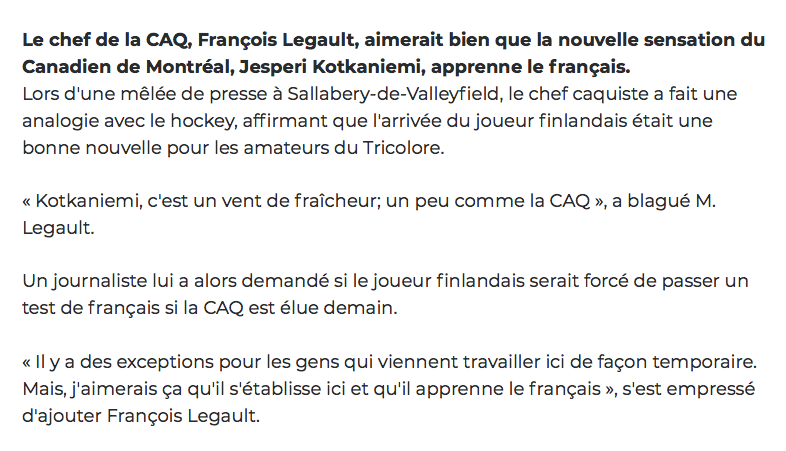 François Legault va faire un passer de TEST de français à Jesperi Kotkaniemi...
