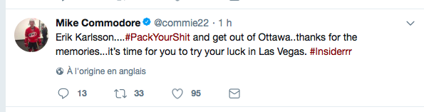 HAHA!!! Il envoie Erik Karlsson PACK SES SHITS...pour Vegas....