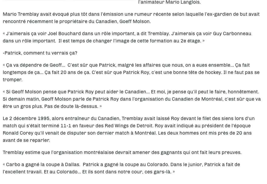 HAHA!!! Mario Tremblay veut Patrick Roy comme DG..