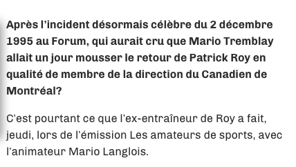 HAHA!!! Mario Tremblay veut Patrick Roy comme DG..