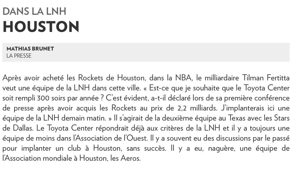HOUSTON aura une équipe de la LNH...
