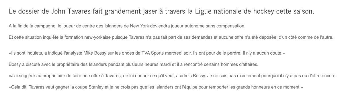  Il y a deux semaines, Mike Bossy affirmait hors de tout doute que John Tavares allait rester...