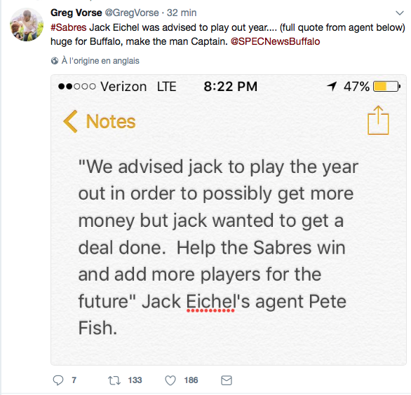  Jack Eichel n'a pas écouté son agent..