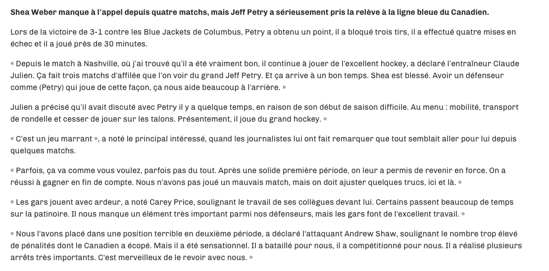 Jeff Petry joue du grand hockey..