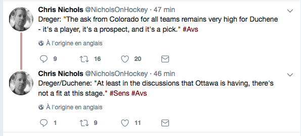 Joe Sakic accepterait Galchenyuk, Mete et un choix de première ronde pour Duchene..