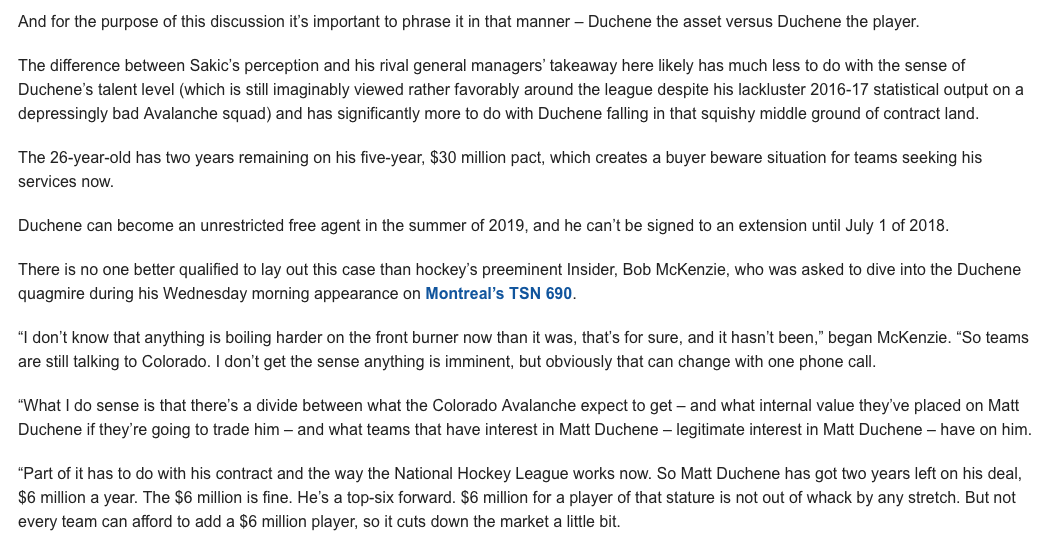 Joe Sakic allait échanger Matt Duchene à plusieurs reprises...mais...