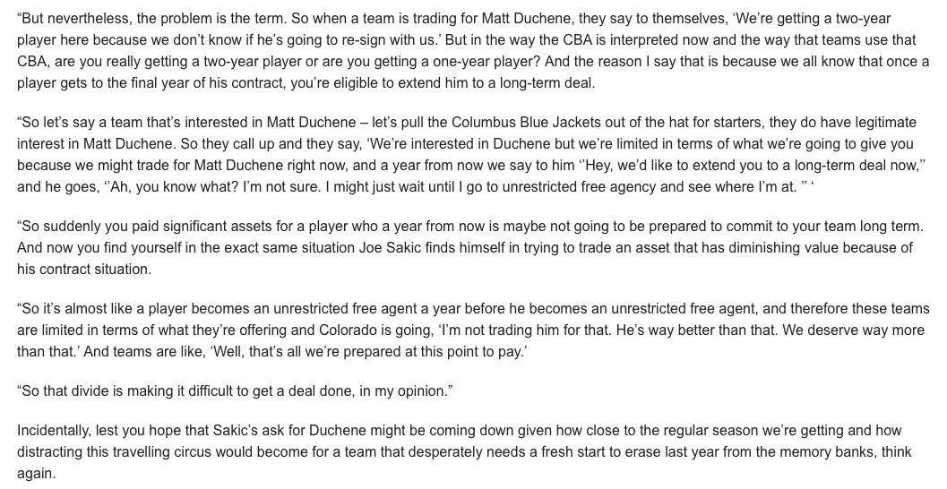Joe Sakic allait échanger Matt Duchene à plusieurs reprises...mais...
