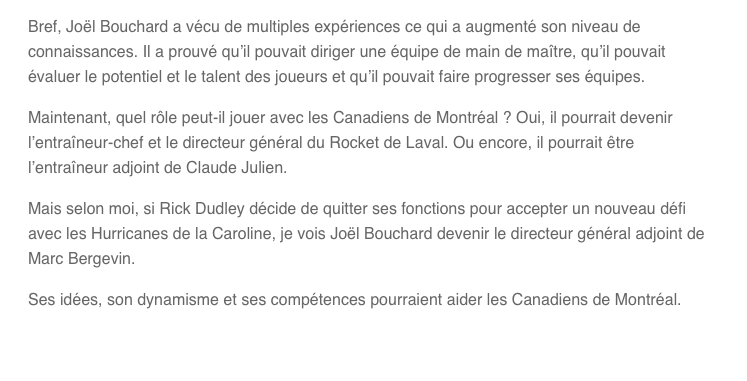 Joël Bouchard à la place de Rick Dudley...