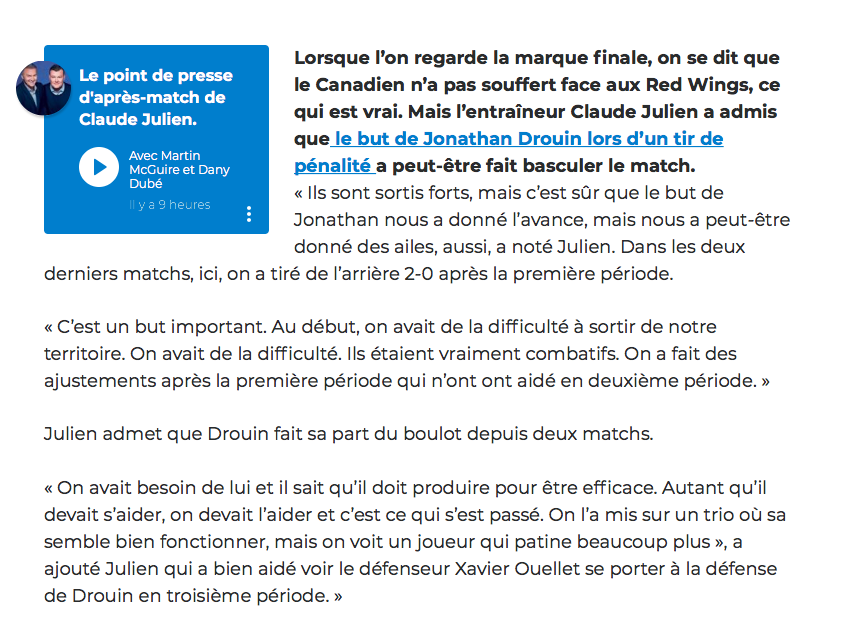 Jonathan Drouin a besoin de Claude Julien...et TI-CLAUDE a besoin de Joe...