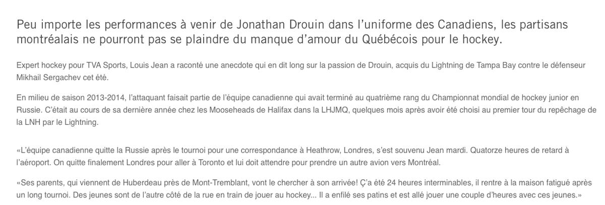 Jonathan Drouin aime tellement le hockey que...