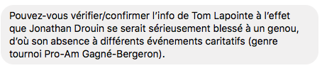 Jonathan Drouin GRAVEMENT BLESSÉ au genou selon Tom Lapointe..