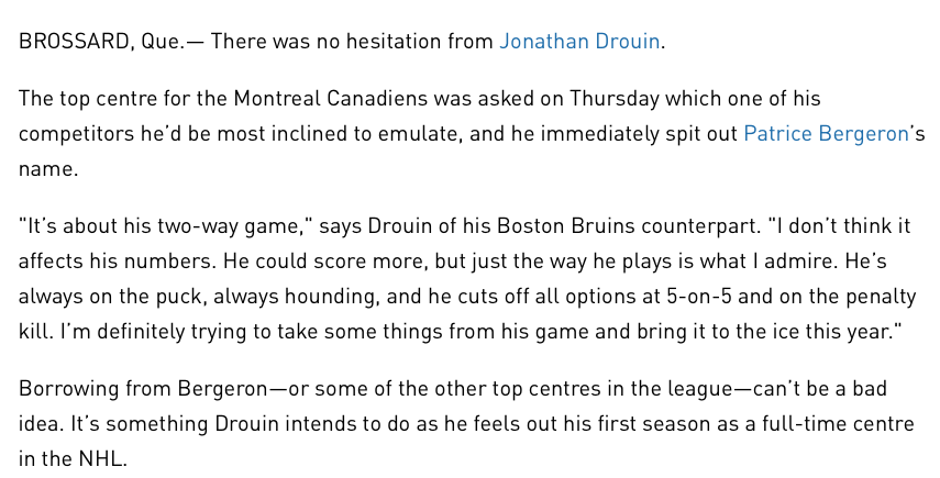 Jonathan Drouin veut être comme Patrice Bergeron...avant Auston Matthews???????