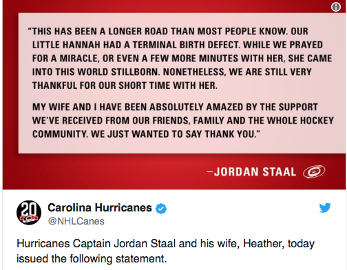 Jordan Staal..A eu le temps de voir sa fille..avant qu'elle ne perde la vie...
