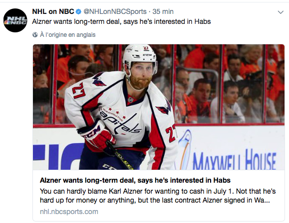 Karl Alzner à Montréal...même NBC en parle...