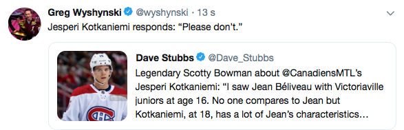 Kotkaniemi a eu la meilleure réponse pour Scotty Bowman...