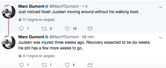 La blessure de Noah Juulsen...