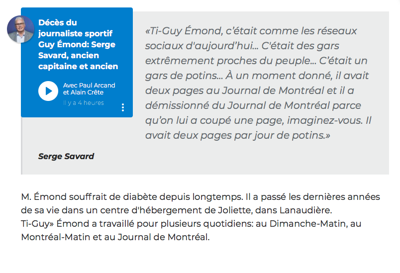 La CITATION du jour appartient à Serge Savard.