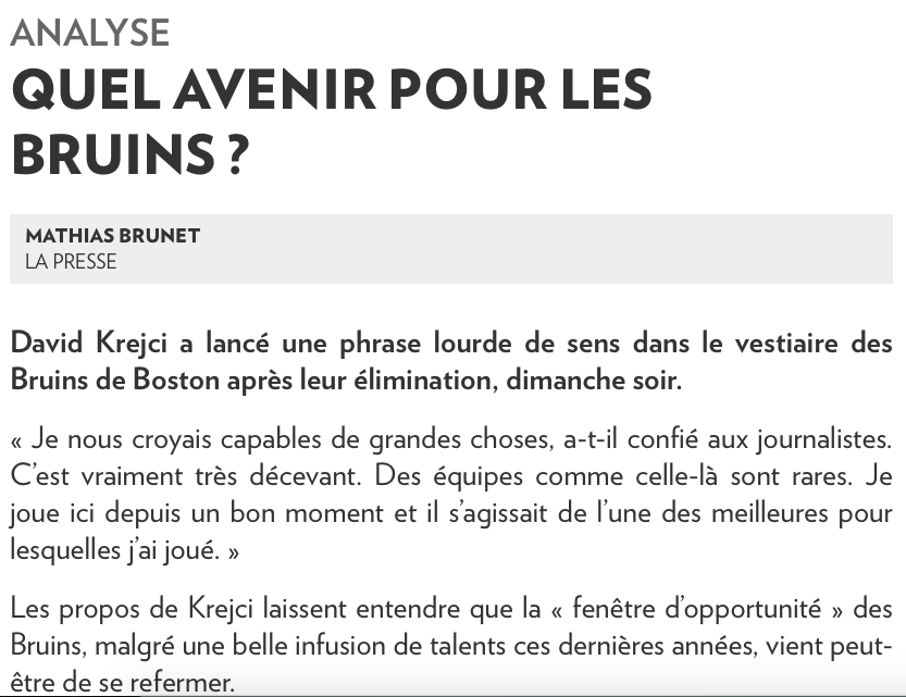 La fenêtre des Bruins est REFERMÉE selon David Krejci....