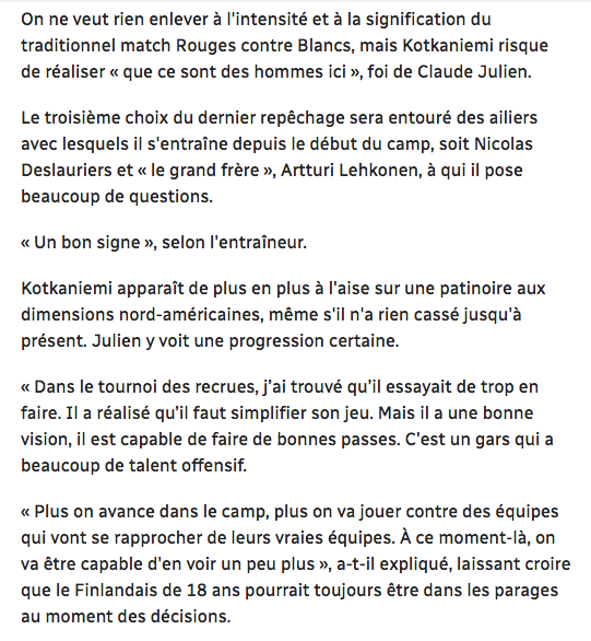 La PRESSION du Centre Bell entier...Sera sur les épaules de Jesperi Kotkaniemi...