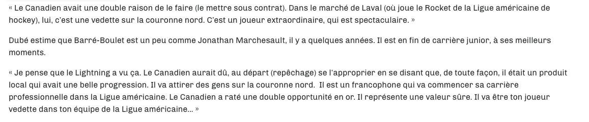 La SAGA BARRÉ-BOULET n'a pas fini de HANTER Marc Bergevin..