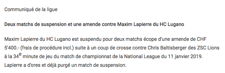 LA SUSPENSION du JAMBON MAXIM LAPIERRE... 2 matchs pour avoir CROSSÉ!!!!