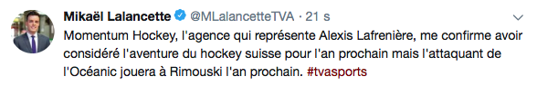 L'agence qui représente Alexis Lafrenière le confirme...