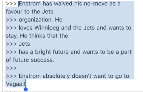 L'agent de Tobias Enstrom AFFIRME que son client ne veut RIEN SAVOIR de Vegas...QUELLE GÉNÉROSITÉ!!!!!