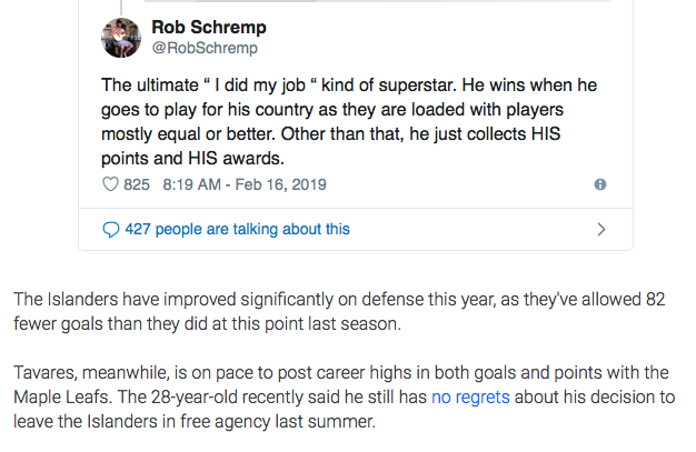 L'ancien joueur des Islanders...Rob Schremp....DÉTRUIT la réputation de John Tavares..