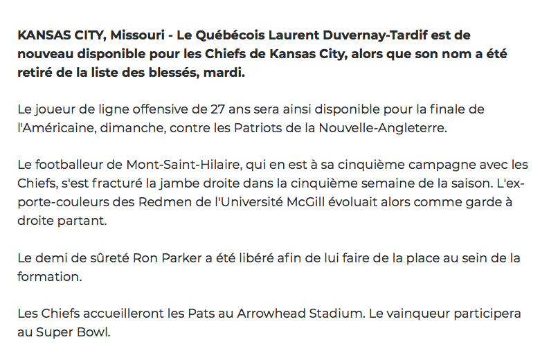 Laurent Duvernay-Tardif va jouer contre les Patriots!!!!!!!!