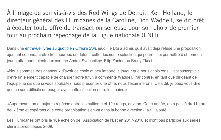  Le CH va transiger avec les Hurricanes..