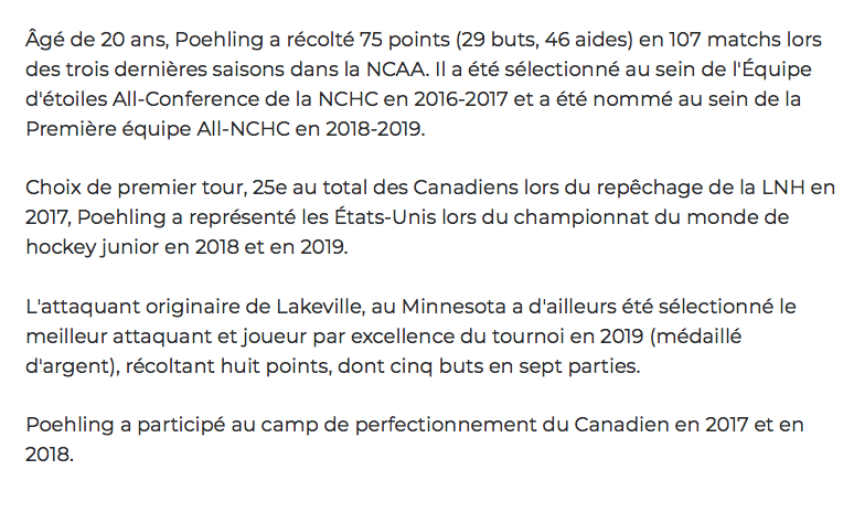 Le chèque de Ryan Poehling pour cette semaine....