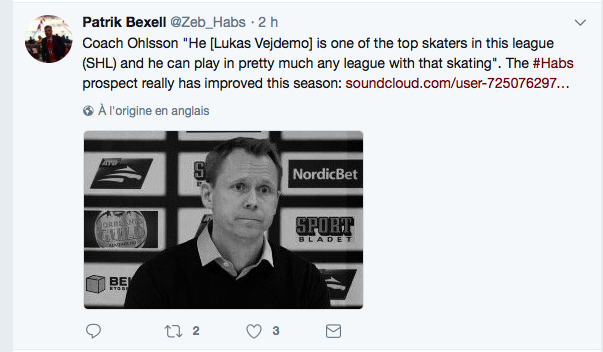  Le coach de Lukas Vejdemo parle de son POULAIN..Comme d'une FUTURE VEDETTE du Canadien de Montréal...
