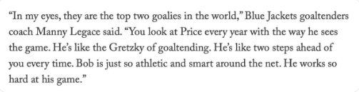 Le coach des gardiens des Blue Jackets, place Carey Price...