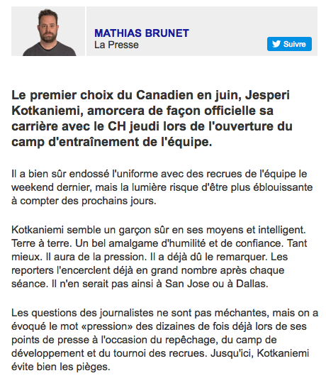 Le conseil de Mathias Brunet à Jesperi Kotkaniemi...