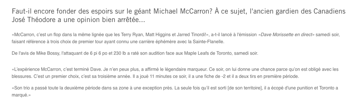 Le FLOP...c'est TIMMINS...ce n'est pas McCarron....