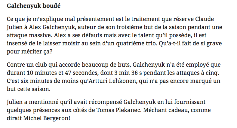 Le Journal de Montréal s'en prend à Claude Julien...pour HUMILIER Galchenyuk de 10 minutes de jeu..