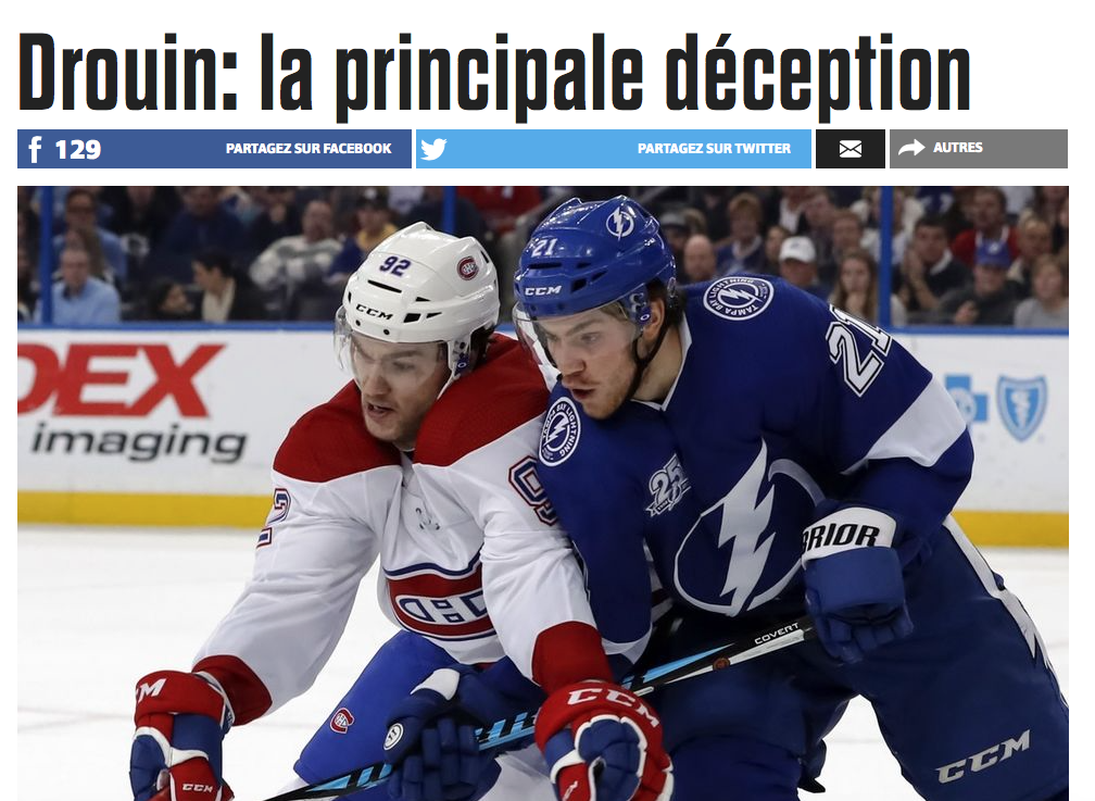 Le JOURNAL de Montréal TAPE sur la tête de Jonathan Drouin..