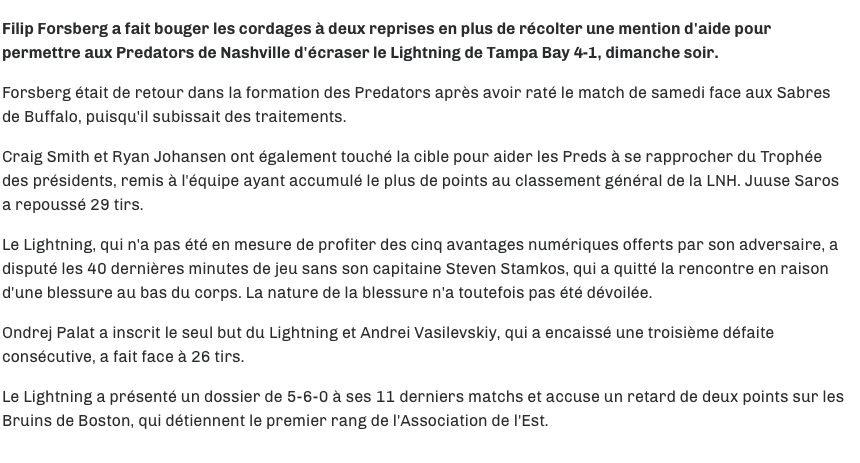 Le MESSAGE de Nashville, Stamkos blessé....