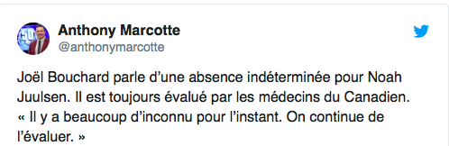 Le monde du hockey...S'inquiète de plus en plus pour Noah Juulsen....