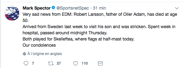 Le père d'Adam Larsson est MORT..