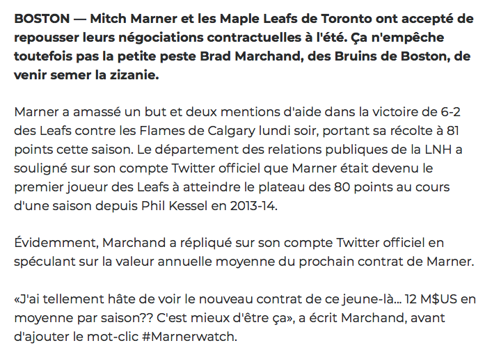 Le père de Mitch Marner va aller prendre une bière avec Brad Marchand..