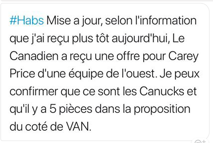 Les Canucks ont fait une OFFRE pour Carey Price?