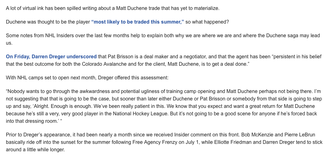 Les experts continuent d'écarter le CH dans le dossier Matt Duchene..