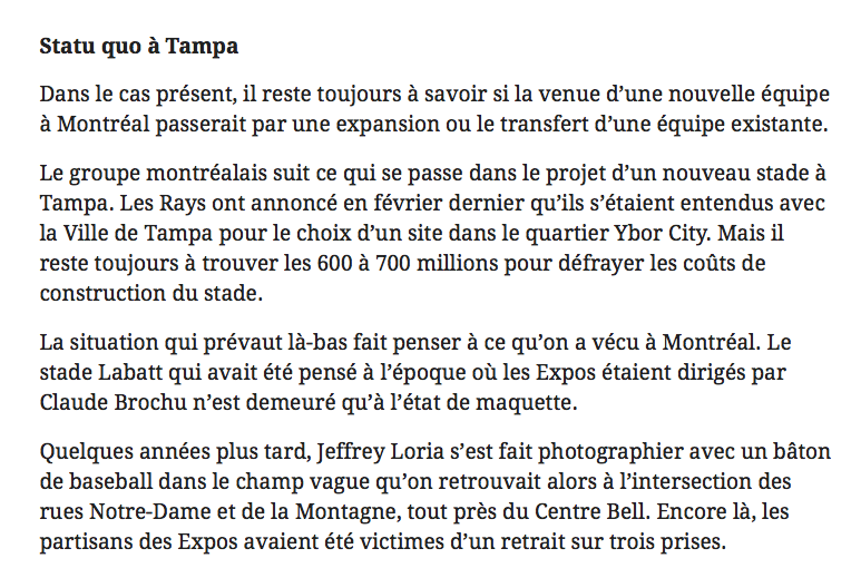 Les EXPOS sont à deux doigts de Montréal..