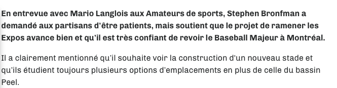 Les Expos vont revenir..Pas les Nordiques..
